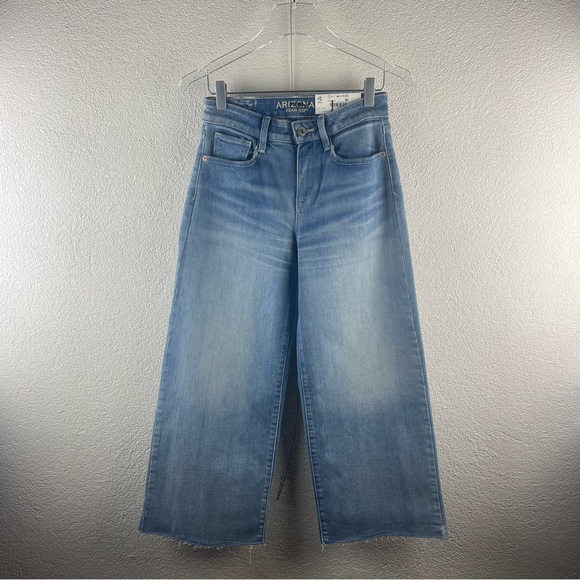 Arizona Jean Co l 3 Hi-Rise Wide Leg Crop Distress Fray Hem 5-Pocket Denim Jeans - Picture 1 of 16